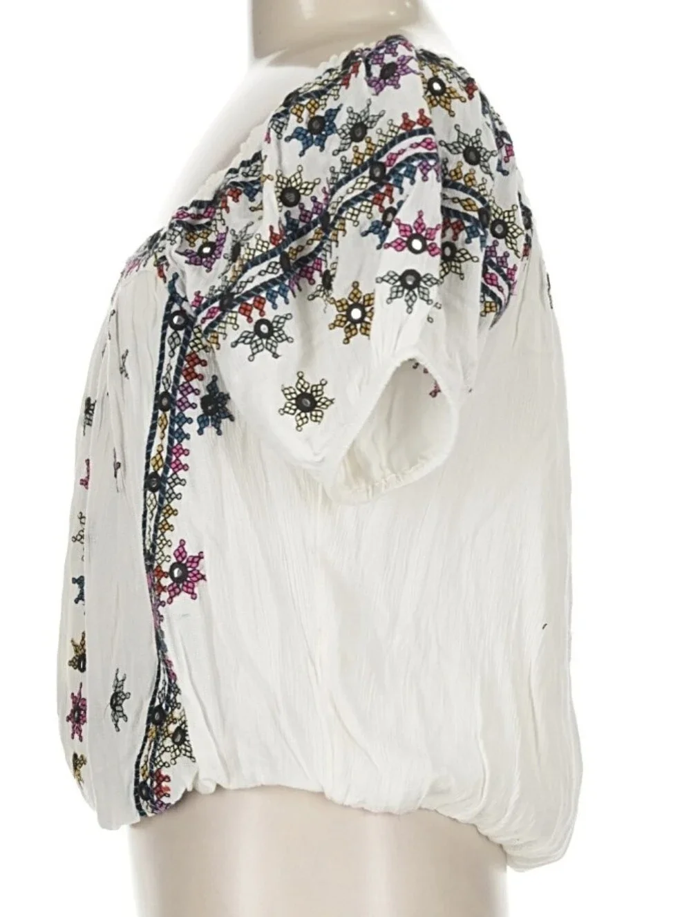 Free People Ivory Embroidered Boho Square-Neck Puff Sleeve Top